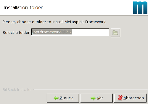 Metasploit Installation: Select installation folder